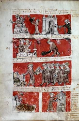 Scène de la vie étudiante au Collège de Hubant ou Ave Maria à Paris. Scènes de la vie étudiante (œuvres de charité, distribution de livres, entretien de la basse-cour) et règlements du collège. Bandes 24 à 27. Page manuscrite « Livre des statuts du Collège