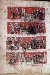 Scène de la vie étudiante au Collège Hubant ou Ave Maria à Paris. Scènes de la vie étudiante (représentations des évangélistes) et règlements du collège. Bandes 16 à 19. Page manuscrite « Livre des statuts du Collège de Hubant ou de l