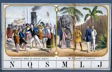 Scènes avec Passepartout et Phileas Fogg en Inde, ill. du jeu « Le Tour du Monde » par Jules Verne, fin 19e siècle