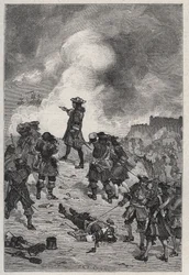 Sébastien le Prestre seigneur de Vauban (1633-1717), maréchal de France défend Brest contre une attaque de la flotte anglaise en 1695 - gravure dans « Les Hommes Célèbres de la France » par Louis Dumas 1889