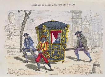 Chaise à porteurs au XVIe siècle, des Costumes de Paris à Travers les Siècles, publié en 1887