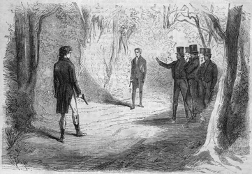 Roman-feuilleton : "Riche et Pauvre" par Émile Souvestre (1806-1854). Le duel de Boissard et Larry. Gravure dans "Les bons romans"