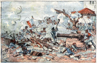 Siège et prise de Saragosse en Espagne en février 1809 par les troupes napoléoniennes. Gravure du XIXe siècle.