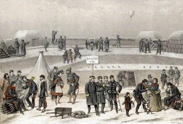 Siège de Paris en 1870 pendant la guerre de 1870-1871. Les soldats préparent la défense de la ville : on peut voir un soldat dans le bunker