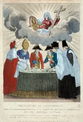 Signature du Concordat de 1801 le 15/07/1801 : il est signé entre le gouvernement français (ici représenté par Joseph Bonaparte) et le Saint-Siège (représenté par le cardinal Consalvi pour le pape Pie VII). 1801 Paris, Musée Carnavalet