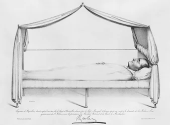 Croquis de Napoléon I (1769-1821) sur son lit de mort dessiné à Sainte-Hélène par le capitaine Marryal, gravé par Bordes, 5 mai 1821