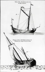 Esquisse de bateaux: un yacht ou yac et une hourque ou hollock, qui est un petit bateau inventé par les Hollandais pour naviguer sur les canaux - dans "Encyclopédie de Diderot", vol 7 Marine, gravure, Bibl. Mazarine
