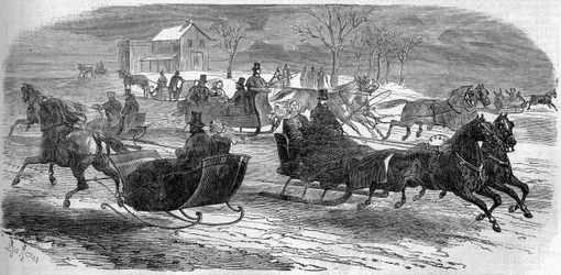 Traîneau à New York, États-Unis, hiver 1858. Gravure dans « Le Monde Illustré » n°47 du 6 mars 1858.