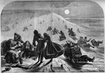 Descente en luge à Montréal, Canada, hiver 1859. Gravure dans "Le Monde Illustré" n°98 du 26 février 1859.