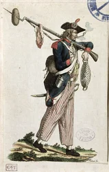 Soldat de la Révolution française portant une baïonnette à laquelle est attachée une miche de pain et un morceau de viande : L