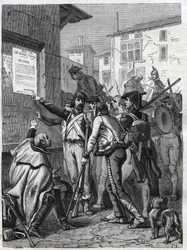 Soldats, vos besoins sont grands : soldats français lisant la proclamation du général Bonaparte en novembre 1799 - Gravure de 1865 dans « Histoire du Consulat et de l