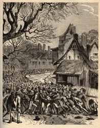 Jeu de la soule (ancêtre du football) - (France) - Le jeu de la soule en Basse-Normandie (Ancêtre présumé du football et du rugby) - gravure dans « PATRIE DE LA FRANCE EN 6 VOLUMES » par Lucien Huard - fin XIXe siècle