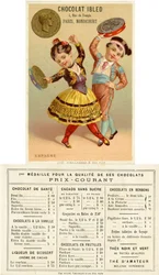 Enfants espagnols dansant avec des tambourins faits de pesetas, d