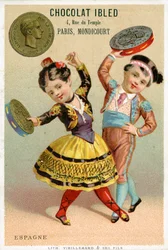 Enfants espagnols dansant avec des tambourins faits de pesetas, d
