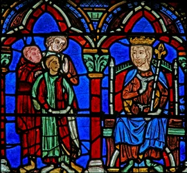 Vitrail de Saint Chéron : le fils de Clotaire conduit au tombeau