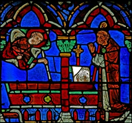 Vitrail de Saint Chéron : apparaît à un abbé à son tombeau
