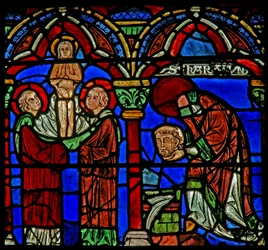 Vitrail de Saint Chéron : porte sa tête à la fontaine de Saint Mesme ; son âme monte