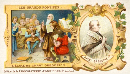 Saint Grégoire le Grand et une école de chant grégorien (chromolithographie)