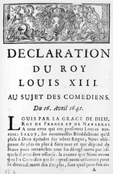 Déclaration de Louis XIII (1601-43) sur les comédiens, 16 avril 1641