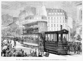 Remorqueur à vapeur pour voitures de tramway expérimentées à Paris, de la gare Montparnasse à la Bastille - dans « Les nouvelles conquêtes de la science » par Louis Figuier