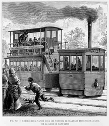 Remorqueur à vapeur pour voitures de tramway expérimentées à Paris, sur la ligne de Saint-Denis - dans "Les nouvelles conquêtes de la science" de Louis Figuier
