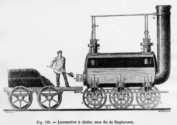 Locomotive à chaîne sans fin de Stephenson - dans "Les Merveilles de la Science" par L. Figuier