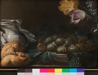 Nature morte avec assiette de figues, cruche, fleurs et pain, 1740-50
