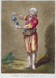 Marchand de rue vendant du café, de la Collection de Gravures de Costumes du Levant, gravé par G. Scotin, 1707-08