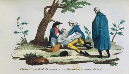 Chirurgien opérant un colonel des hussards sur le champ de bataille
