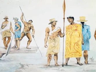 Chefs tahitiens embarquant sur la Coquille, dessin de Jules-Louis Lejeune, basé sur Voyage autour du monde