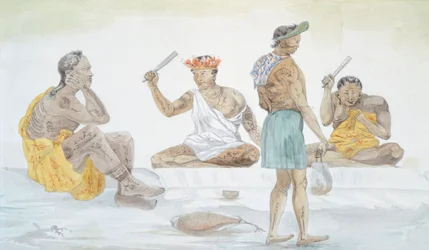 Batteurs de tissu tahitiens, par LF Lejeune du Voyage de Louis I Duperrey (1822-1825), Polynésie 19e siècle Aquarelle