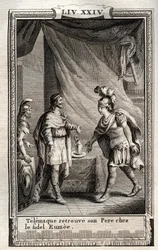Télémaque retrouve Ulysse - gravure de 1798 par Monnet dans « Les Aventures de Télémaque, fils d