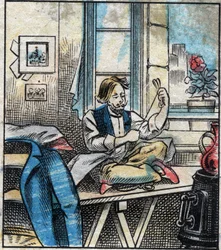 Textile, lin. Fil à coudre coupé en écheveaux. Gravure. Imagerie d