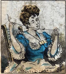 Textile, lin. Femme utilisant une boule pour utiliser des fils à coudre. Gravure. Imagerie d