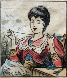 Textile, lin. Femme utilisant des capsules pour utiliser des fils à coudre. Gravure. Imagerie d