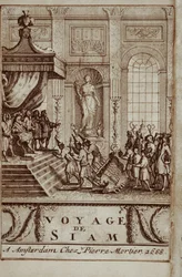 Ambassadeurs thaïlandais reçus à Paris par Louis XIV, frontispice du Voyage au Siam par Guy Tachard, 1688
