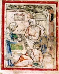Thamar (Tamar) donne naissance à deux jumeaux, Perets et Zerah, fils de Juda, Miniature du codex 212 (ou codex padovano ou Bible de Padoue) 1390-1400