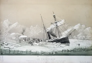 Le vapeur à vis autrichien Tegetthof coincé dans la glace et attaqué par des ours polaires lors du voyage d