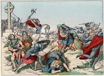 La bataille de Poitiers le 25 octobre 732 remportée par Charles Martel - La bataille de Poitiers, 25 octobre 732, remportée par Charles Martel (688-741) - Gravure de la fin du 19e siècle dans «Nos Gires Nationales - Images et récits»