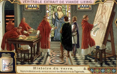 Les moines bénédictins du couvent de Tegernsee en Bavière (Allemagne) décorent le verre. Chromolithographie Liebig du 19e siècle.