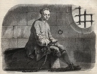 Le brigand Louis Dominique Garthausen dit Cartouche (1693-1721) en prison - Gravure dans « Causes célèbres de tous les peuples » par Armand Fouquier (1817-18?) 1858-1867 - Collection privée