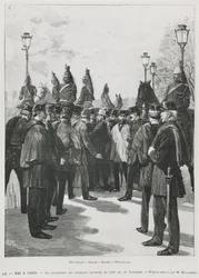 La délégation des syndicats au Pont de la Concorde lors de la manifestation du 1er mai à Paris, 1er mai 1890, gravé par L. Moulignie