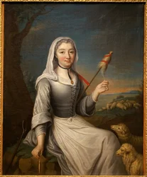 La Duchesse de Villars (?) dans une bergère tenant un roseau. Peinture française, huile sur toile, 80 x 63,6 cm, première moitié du XVIIIe siècle. Musée de Tessé, Le Mans