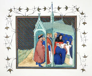 Le comte de Northumberland à la grande messe dans la chapelle du château de Conway prêtant son serment traître et fatal, copie fac-similé de Le Prinse et Mort du Roy Richart par Jean Creton, réimprimé au 19ème siècle