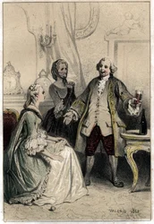 Le comédien anglais David Garrick (1717-1779), déguisé en cocher, fait irruption chez une duchesse éprise de lui pour tenter de la raisonner et de la convaincre de l