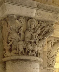 La Fuite en Égypte, relief de chapiteau de colonne de l