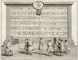 Les francs-maçons, avec les signes des différentes loges, tiré de Les cérémonies de la religion et de la coutume, vers 1733