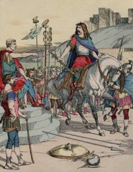 Le chef gaulois Vercingétorix (72-46 av. J.-C.) se rendant au chef romain Jules César (100-44 av. J.-C.) après la bataille d