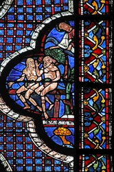 La fenêtre du Bon Samaritain : Dieu appelle Adam et Ève (avec des feuilles de figuier)
