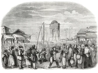 La marche des Innocents à Paris avec la fontaine - Gravure dans « Tableau-de-Paris » par Edmond Texier 1852